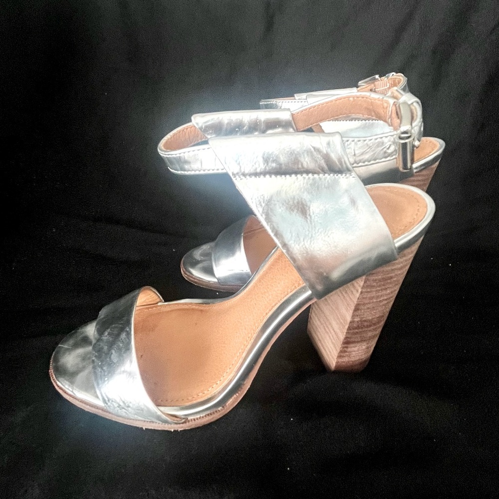 Coach stacked heel sandals, shiny silver
